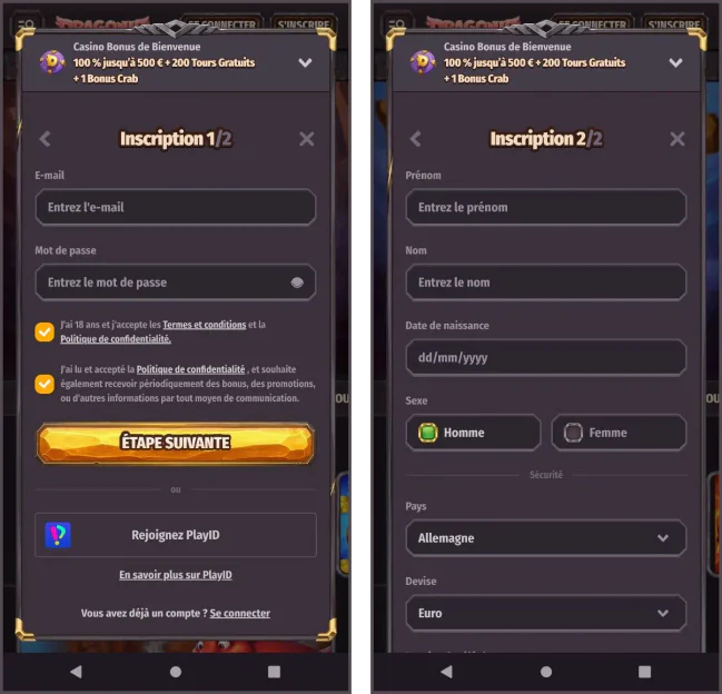 Formulaire d'inscription Dragonia Casino en deux étapes avec adresse e-mail, mot de passe et informations personnelles