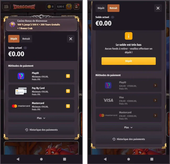 Méthodes de dépôt sur Dragonia Casino avec PlayID, carte bancaire et Mastercard, ainsi que les montants minimums