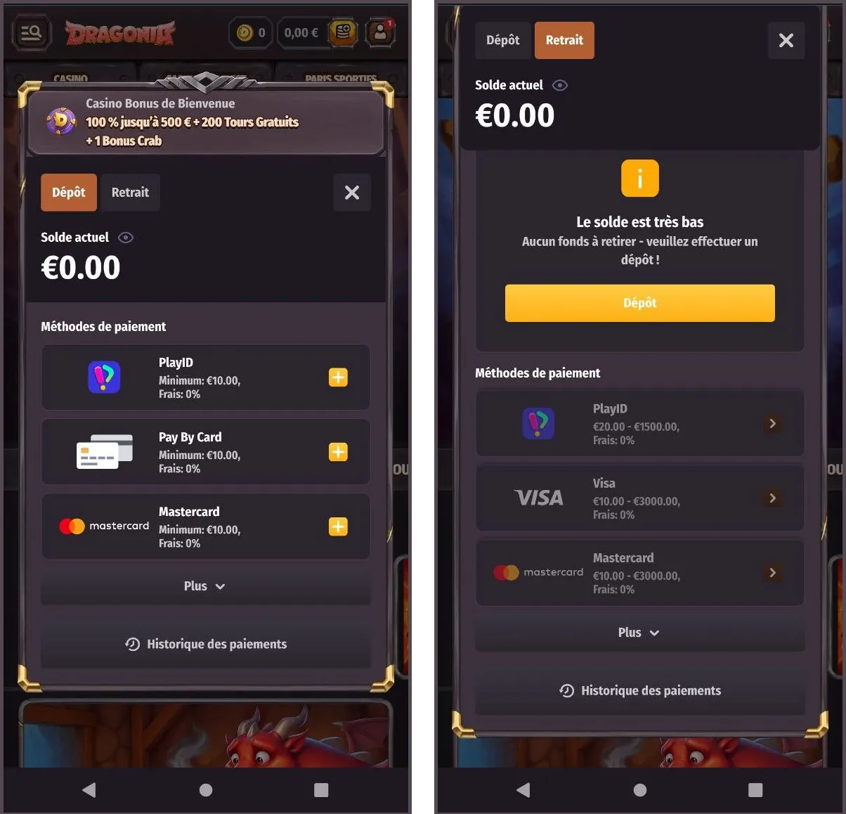 Aperçu des méthodes de paiement disponibles sur Dragonia Casino
