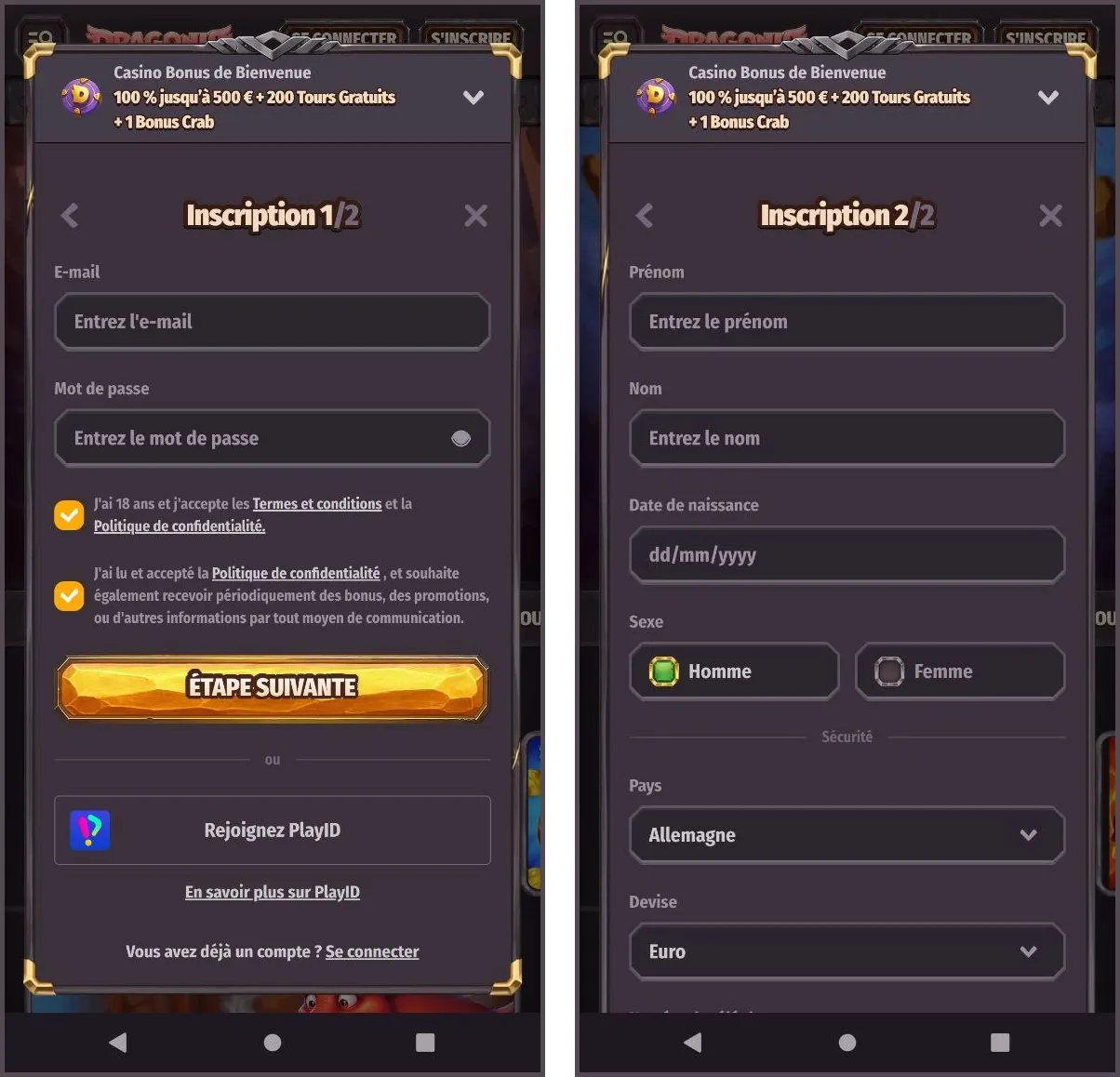 Inscription rapide pour les nouveaux joueurs chez Dragonia Casino