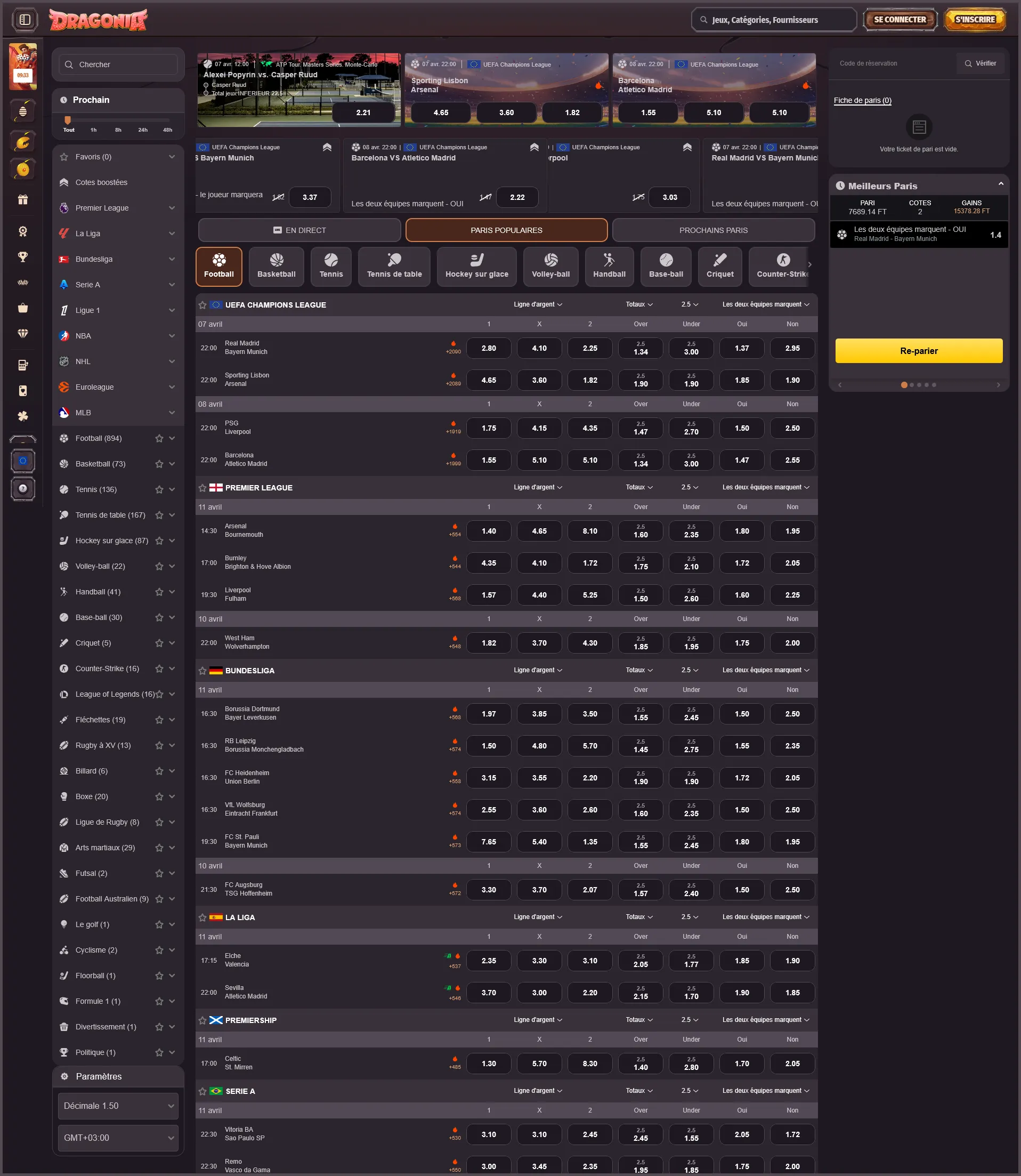 Placez facilement vos paris sportifs avant le match chez Dragonia Casino