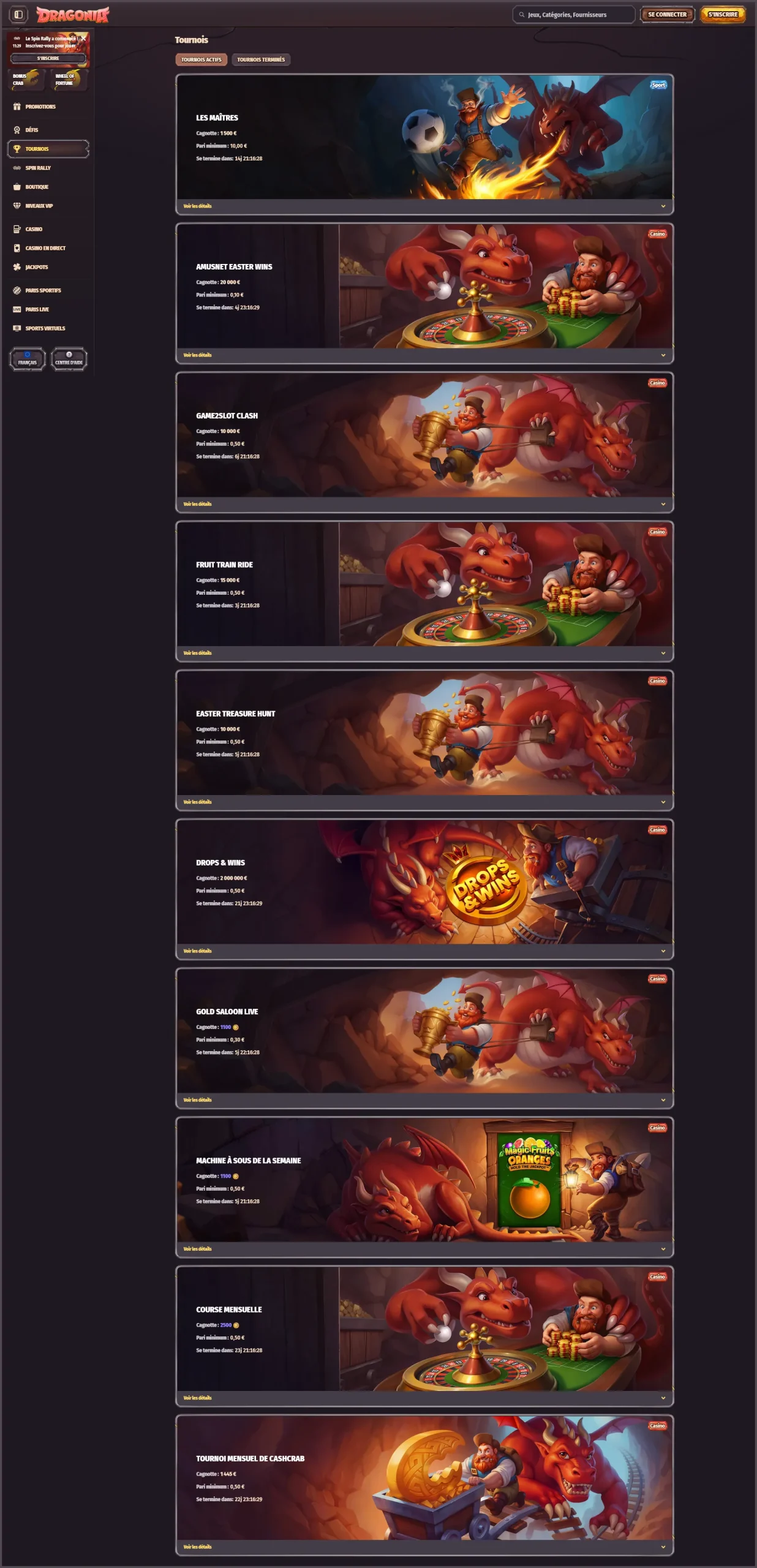 Tournois actifs sur Dragonia Casino
